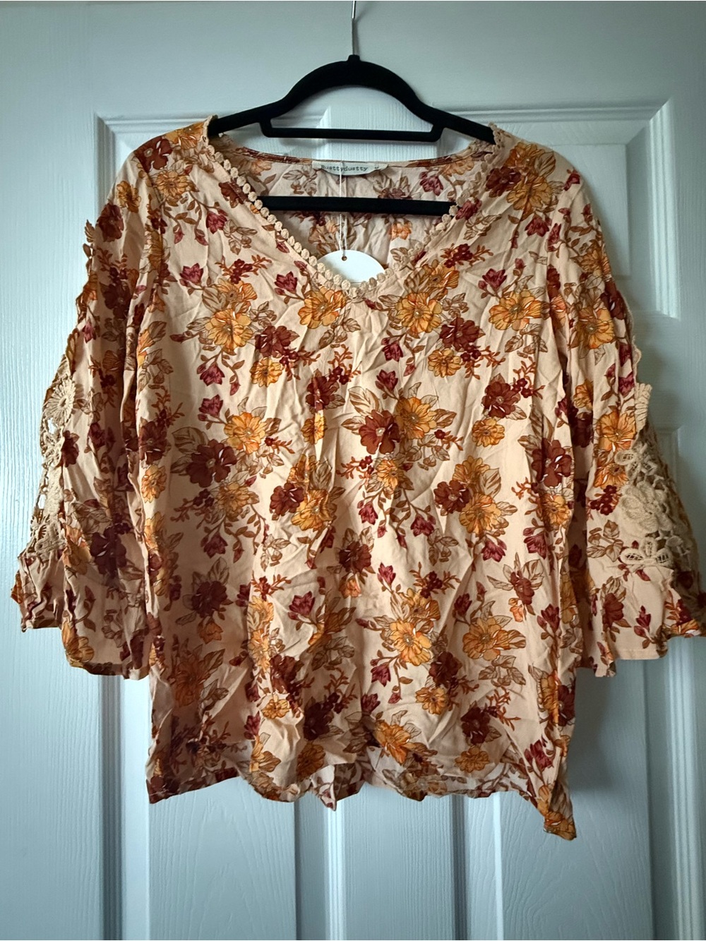 Boho Floral Peasant Blouse in Cream with Mustard & Rust